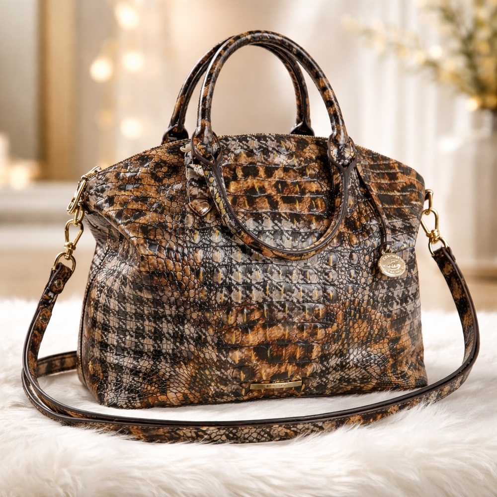 Brahmin Women’s Duxbury Large Crocodile Embossed Satchel Bag. Brown. Leather.